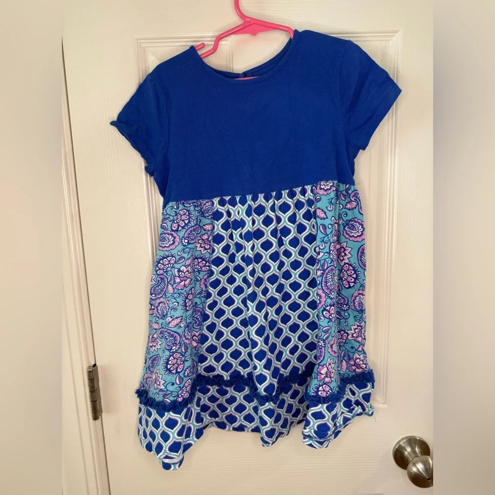 Girls Boutique Blue Patterned Dress Size 6 Cotton Kids Ruffle Hem Short Sleeve